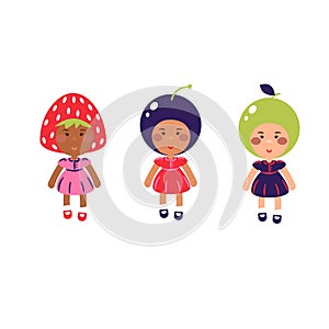 Costumed kids vector cartoon illustration. Children wearing fruit costumes.