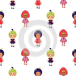 Costumed kids vector cartoon seamless pattern. Children wearing fruit costumes.