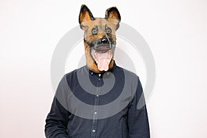 Costumed person with dog mask on white background