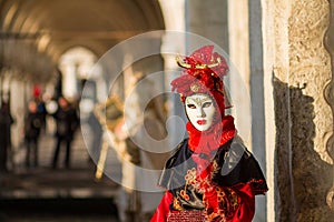 Costumed person in Venetian mask