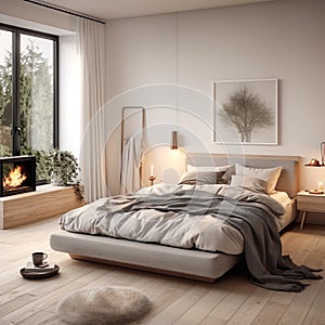 A cosy bedroom with a fireplace generated by artificial intelligence