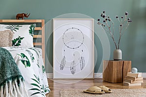 Cosy bedroom interior with natural boho accessories and large mockup poster frame.