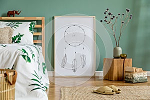 Cosy bedroom interior with natural boho accessories and large mockup poster frame.