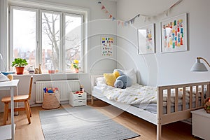 Cosy childs bedroom play room integrated bed with childrens table and chair kids room interior design Generative AI