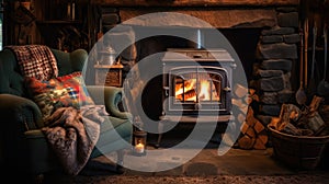 Cosy cottage living room with fireplace with woodburning stove. Generative AI