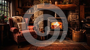 Cosy cottage living room with fireplace with woodburning stove. Generative AI