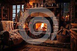 Cosy cottage living room with fireplace with woodburning stove. Generative AI