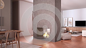 Cosy dove gray and beige living room with sofa, carpet, table and pouf, concrete modern fireplace, kitchen with dining table,