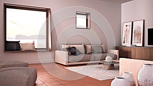 Cosy dove gray and beige living room with sofa and pillows, lounge, carpet, coffee table, pouf and decors, panoramic window,