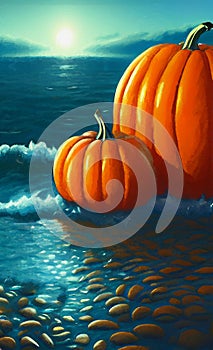 Cosy Halloween landcsape with pumpkins and sea