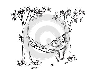 Cosy hammock in a garden. Vector linr drawing