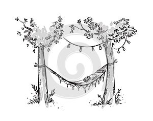 Cosy hammock in a garden. Vector sketch