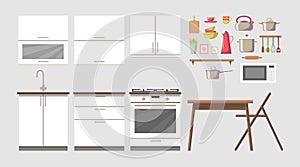 Cosy kitchen interior constructor clip art set with furniture and electronics, table and chair, dishes and utencils