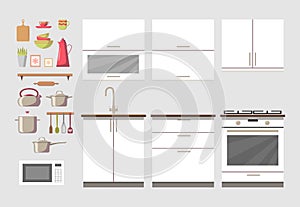 Cosy kitchen interior constructor with furniture and electronics: stove, cupboard, oven, utensils and dishes isolated.