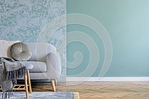 Cosy living room with grey sofa and velur pillow.