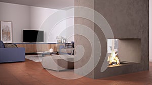 Cosy purple and beige living room with sofa, carpet, table and pouf, concrete modern fireplace and walls, tv cabinet, terracotta