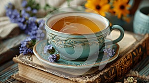 cosy reading nook, a warm herbal tea complements a classic book, enriching cozy reading experiences with delightful photo