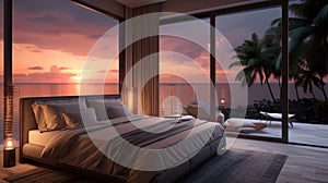 Cosy and romantic bedroom with bed and view from the window sunset over the ocean