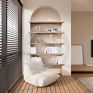 cosy room with chair and bookshelf, modern minimal living room interor design 3D rendering