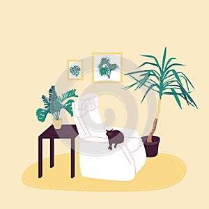 Cosy room inreior with black cat in armchair. Isolated on white background. Flat style cartoon stock vector photo