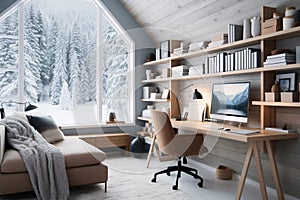 Cosy and stylish modern home office interior design, office workspace in blue colour. generative ai