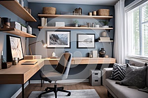 Cosy and stylish modern home office interior design, office workspace in blue colour. generative ai