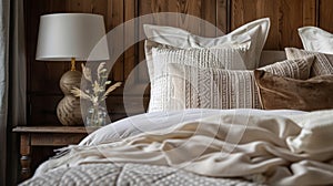 Cosy up in a plush oversized bed surrounded by elegant wooden furnishings and warm rich textiles. 2d flat cartoon