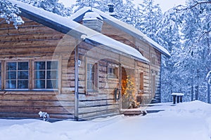 Cosy Wooden House with Christmas Tree in Front Located in Tranquil Picturesque Nordic Forest