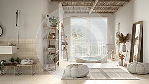 Cosy wooden peaceful bathroom in beige tones, big bathtub, ceramic tiles floor, carpet, round poufs, shelves, mirror and window