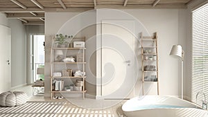 Cosy wooden peaceful bathroom in beige tones, big round bathtub, ceramic tiles floor, carpet, round poufs, shelves and window with