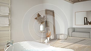 Cosy wooden peaceful bathroom in beige tones, big round bathtub, ceramic tiles floor, mirrors with vases and decors, sofa, carpet