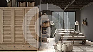 Cosy wooden peaceful bedroom in dark tones, double bed with pillows and blankets, ceramic tiles floor, carpet, pouf, shelves, big
