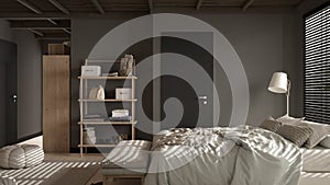Cosy wooden peaceful bedroom in dark tones, double bed with pillows and blankets, ceramic tiles floor, carpet, poufs, shelves and