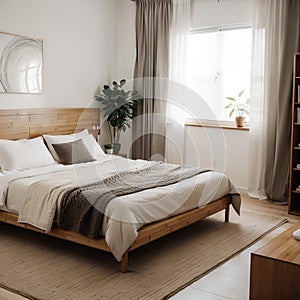 Cosy wooden peaceful bedroom in dark tones double bed with pillows and blankets ceramic tiles floor carpet poufs shelves and