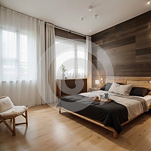 Cosy wooden peaceful bedroom in dark tones double bed with pillows and blankets ceramic tiles floor carpet poufs shelves and