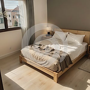 Cosy wooden peaceful bedroom in dark tones double bed with pillows and blankets ceramic tiles floor carpet poufs shelves and