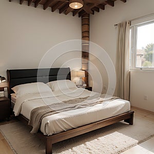 Cosy wooden peaceful bedroom in dark tones double bed with pillows and blankets ceramic tiles floor carpet poufs shelves and
