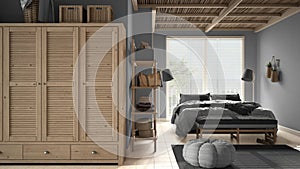 Cosy wooden peaceful bedroom in gray tones, double bed with pillows and blankets, ceramic tiles floor, carpet, pouf, shelves, big