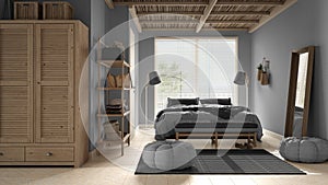 Cosy wooden peaceful bedroom in gray tones, double bed with pillows and blankets, ceramic tiles floor, carpet, poufs, mirror and