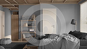Cosy wooden peaceful bedroom in gray tones, double bed with pillows and blankets, ceramic tiles floor, carpet, poufs, shelves and