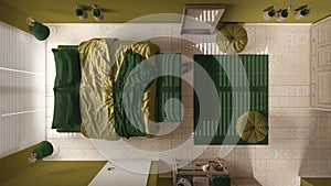 Cosy wooden peaceful bedroom in green tones, bed with pillows and blankets, ceramic tiles, carpet, poufs, window with venetian