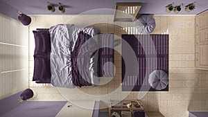 Cosy wooden peaceful bedroom in purple tones, bed with pillows and blankets, ceramic tiles, carpet, poufs, window with venetian