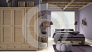 Cosy wooden peaceful bedroom in purple tones, double bed with pillows and blankets, ceramic tiles floor, carpet, pouf, shelves,