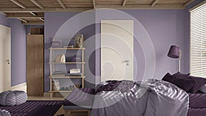 Cosy wooden peaceful bedroom in purple tones, double bed with pillows and blankets, ceramic tiles floor, carpet, poufs, shelves