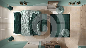 Cosy wooden peaceful bedroom in turquoise tones, bed, pillows and blankets, ceramic tiles, carpet, poufs, window with venetian