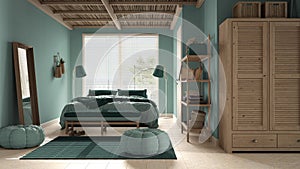 Cosy wooden peaceful bedroom in turquoise tones, bed with pillows and blankets, ceramic tiles floor, carpet, poufs, mirror and