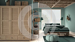 Cosy wooden peaceful bedroom in turquoise tones, double bed, pillows and blankets, ceramic tiles floor, carpet, pouf, shelves, big