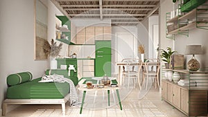 Cosy wooden sustainable living room and kitchen in green tones with bamboo ceiling. Sofa, shelves, dining table, chairs. Ceramic