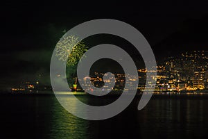 Panoramic lovely view of fireworks on the Principality of Monaco shortly after sunset