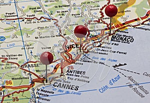 Cote d'azur on a map with push pins photo
